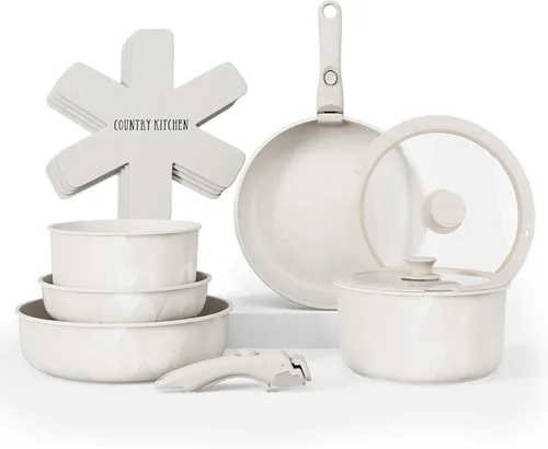 Miniatura 17 de Country Kitchen Juego de utensilios de cocina con mango extraíble, juego de ollas y sartenes aptas para horno y caravana, mango de madera moteada