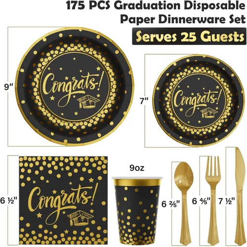 Miniatura 2 de Decoraciones de graduación 2026-175 piezas, juego de vajilla desechable de oro negro, suministros de fiesta de graduación con platos de papel
