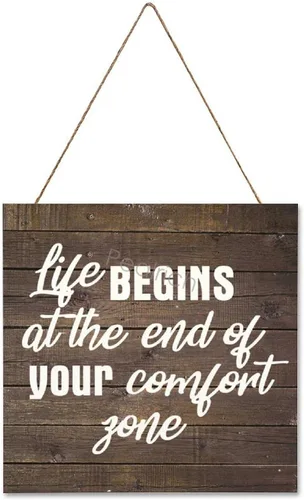 PEALRICH Letrero colgante de madera con cita motivacional "Life Begins At The End Of Your Comfort Zone", placa artística para decoración de pared