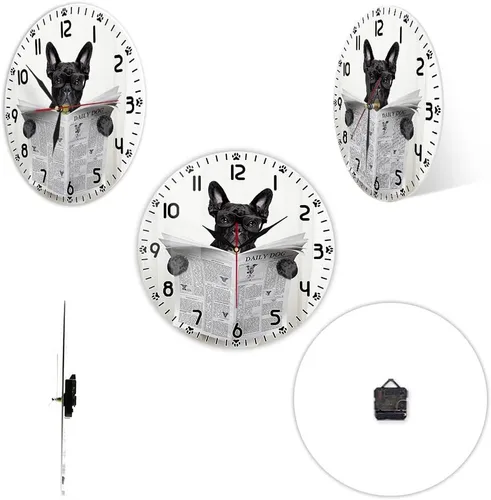 Miniatura 5 de Reloj de pared divertido de perro bulldog francés de 12 pulgadas para tienda de mascotas, batería silenciosa sin tictac, fácil de leer periódico