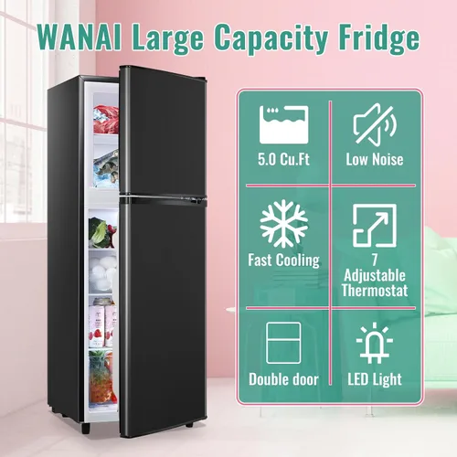 Miniatura 3 de WANAI - Refrigerador de 5.0 pies cúbicos con congelador, refrigerador de doble puerta con 7 ajustes de temperatura ajustable, refrigerador pequeño