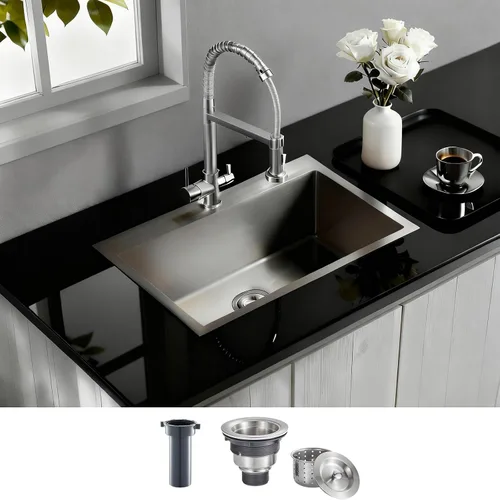 Miniatura 28 de Fregadero de barra empotrable de 13 × 15 pulgadas negro - Fregadero de cocina pequeño de montaje superior de un solo cuenco, hecho a mano de acero
