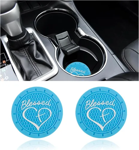 Miniatura 21 de Dickno 2 piezas posavasos para portavasos de automóvil, 2.76 pulgadas cruz bendita y corazón tapete de bebida cristiano, PVC suave antideslizante a