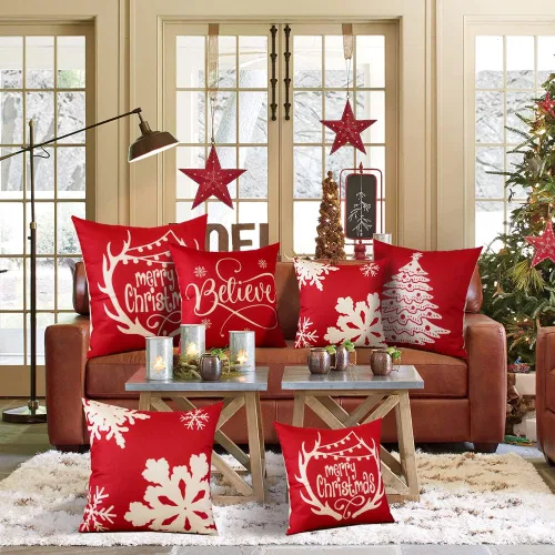 Miniatura 5 de OTOSTAR Juego de 4 fundas de almohada de Navidad de 45.7 x 45.7 cm, decoración navideña de granja, fundas de almohada de Navidad Joy Xmas Tree Let