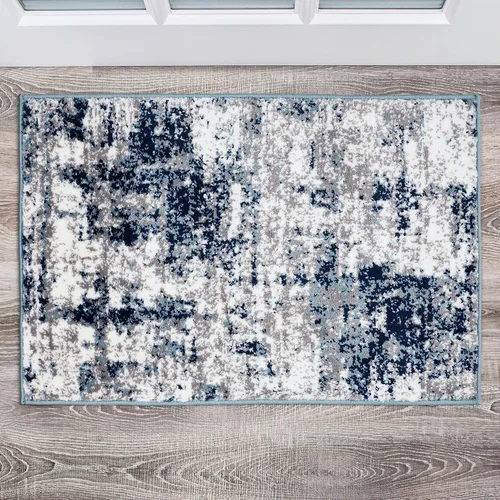 Rugshop Alfombra abstracta azul envejecida moderna inspirada en estilo bohemio para entrada, cocina y baño, 2 x 3 pies