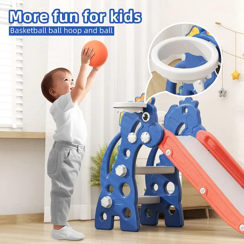 Miniatura 5 de GLAF Tobogán Interior para Niños Pequeños de 1-3 Años, Tobogán para Bebés Exterior, Conjunto de Juegos con Aro de Baloncesto y Pelota, Toboganes Azul