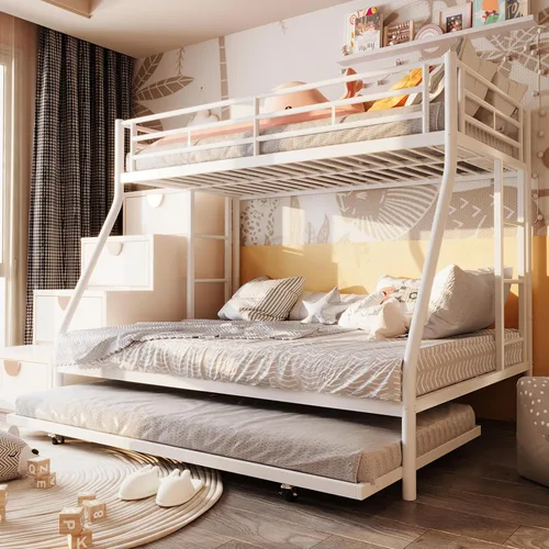 Miniatura 9 de SUNLEI Cama alta de metal con 2 escaleras seguras, litera individual sobre matrimonial con nido, camas nido con protección de seguridad individual