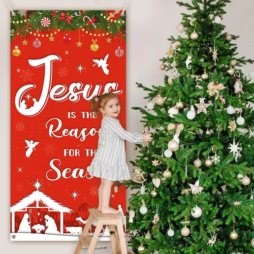 Miniatura 6 de WovWeave Decoración navideña para puerta religiosa al aire libre, Jesús es la razón de la temporada, fondo de fotografía de Navidad, pancarta