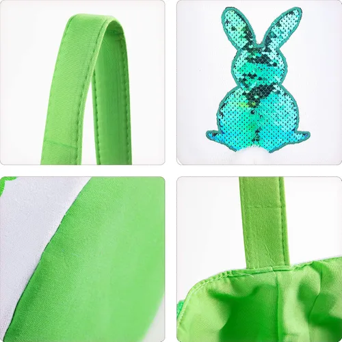 Miniatura 6 de Cestas de Pascua para niños – Cestas de caza de huevos de Pascua para niños y niñas, bonita cesta de regalo de lona impresa de conejo de lentejuelas