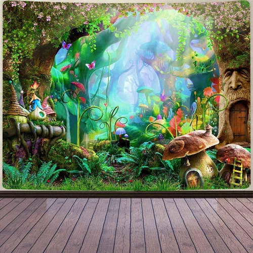 Aidatain Tapiz de bosque de cuento de hadas, para colgar en la pared, diseño de hongos, de franela, grande, 80 x 60 pulgadas, tapices de paisaje