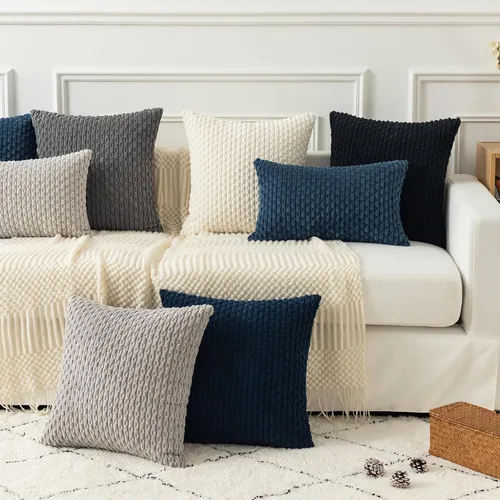 Miniatura 473 de K Kevin Textile - Juego de 2 fundas de almohada decorativas de corduroy suave azul con rayas estilo bohemio, fundas de almohada para sofá, cama