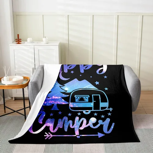 Miniatura 13 de jejeloiu Manta de cama de campamento para todas las estaciones, manta de franela de vellón con temática de campamento feliz, manta peluda de madera