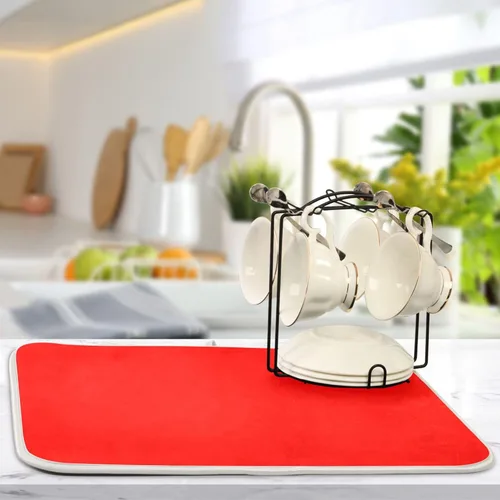 Miniatura 5 de Tapete rojo para secar platos pequeños, accesorios de cocina, tapete escurridor de platos de microfibra, resistente al calor, 16 x 18 pulgadas