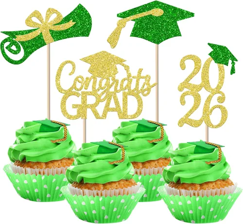 Miniatura 44 de Rsstarxi Paquete de 24 adornos para cupcakes de graduación 2026, con purpurina azul, para la clase de 2026, para diplomas, 24 piezas (6 diseños)