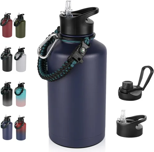 Miniatura 65 de Botella de agua aislada de 64 onzas con tapas de pajita y boquilla, jarra de agua de acero inoxidable de medio galón con mango de paracord, vacío