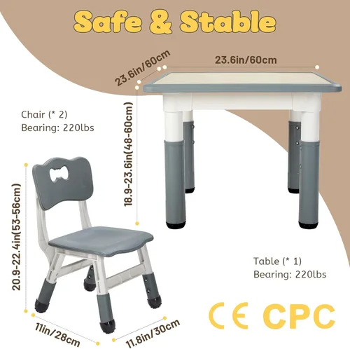 Miniatura 6 de FUNLIO Juego de mesa y 2 sillas para niños, juego de mesa y sillas para niños de 3 a 8 años, fácil de limpiar, mesa de artes y manualidades