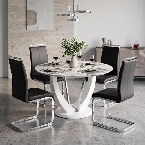 Miniatura 23 de Juego de mesa de comedor redonda de 48'' para 4, juego de mesa y sillas de cocina de mármol, conjunto de 4, mesa redonda con pata de MDF negro