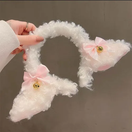 Miniatura 3 de Banda de pelo con orejas de cordero, nudo de lazo, campana, adorno decorativo para el cabello, peluche femenino de dibujos animados, diadema