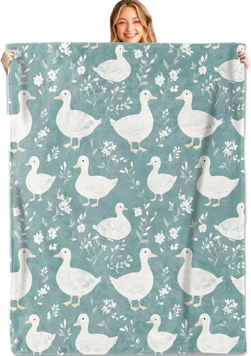 Manta retro de pato blanco, 40 x 50 pulgadas, franela suave, ligera, floral vintage, color verde azulado, regalos para niños, niñas, mujeres, para