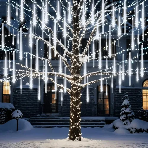 Miniatura 10 de Luces de lluvia de meteoros al aire libre, luces navideñas, 24 tubos, 576 LED, efecto de caída de nieve, lluvia en cascada, carámbanos, luz