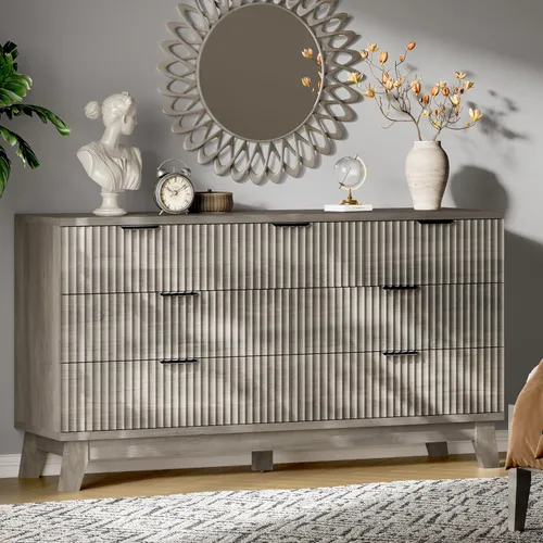 Miniatura 13 de Xixini Cómoda acanalada con 6 cajones, cómoda moderna de 54 pulgadas de ancho con mango de metal, soporte de TV de madera, organizador