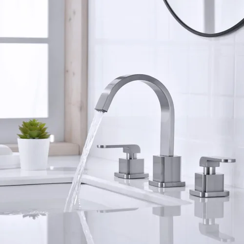 Miniatura 3 de TRUSTMI Grifo de baño generalizado de 3 agujeros de 8 pulgadas de níquel cepillado para fregadero de baño con desbordamiento emergente de drenaje