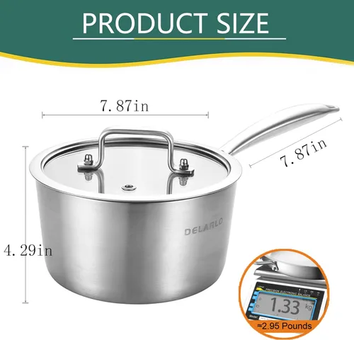 Miniatura 3 de DELARLO Cacerola de Acero Inoxidable Tri-Capa para Todo el Cuerpo de 3 Cuartos con Tapa, Apta para Horno 600℉, Sartén Saucier Resistente de 3