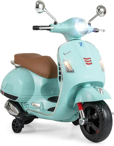 OLAKIDS - Scooter Vespa con licencia para niños, motocicleta eléctrica de 12 V con ruedas de entrenamiento, luces LED, cuerno de modo historia Verde