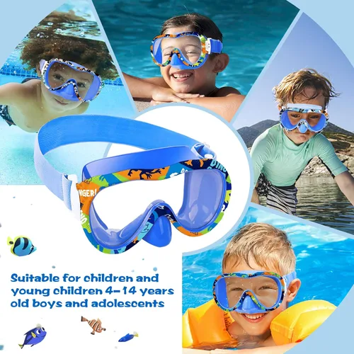 Miniatura 3 de Gafas de natación para niños con cubierta para la nariz, máscara de esnórquel panorámica de 180° con diseño antivaho y antifugas, correa de tela