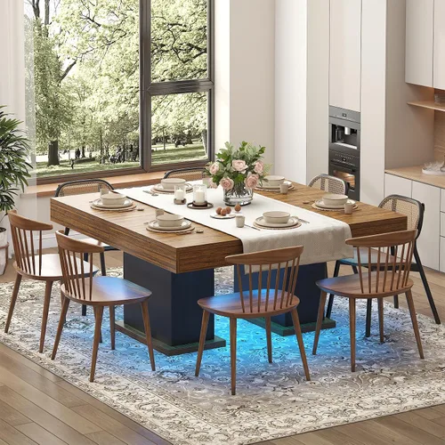 Miniatura 3 de Mesa de comedor con cajones para 4-6 personas, mesa de comedor de 55 pulgadas con luces LED, base de pedestal de madera, mesa de cocina rectangular