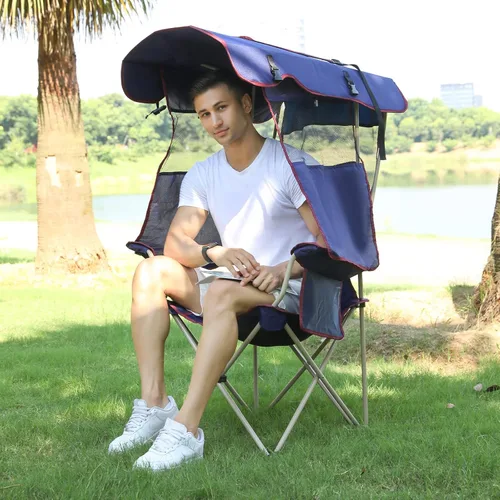 Silla de camping con toldo – Silla de playa con sombra para uso al aire libre, parasol ajustable, soporte para tazas, bolsillos laterales – Silla