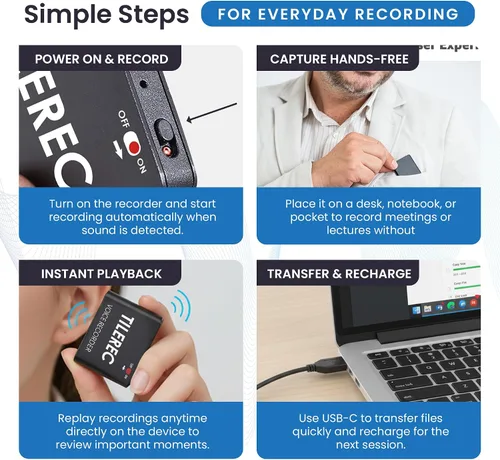 Miniatura 5 de TileRec Grabadora de audio activada por voz, dictáfono digital de 64 GB con reproducción, USB-C, caja de metal, grabadora portátil para reuniones