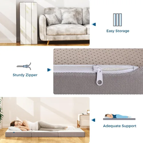 Miniatura 6 de Inofia Colchón plegable de 6 pulgadas, colchón tri-plegable de espuma viscoelástica con funda extraíble, cama de suelo plegable, firmeza media