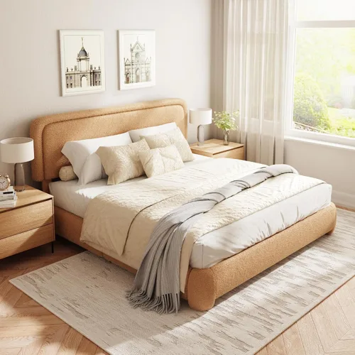 Miniatura 25 de Base de cama Boucle tamaño King, plataforma tapizada en nube con cabecero ajustable en altura y esquinas redondeadas suaves, no necesita somier, sin