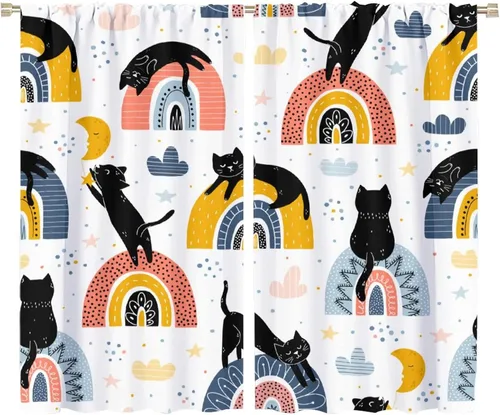 Miniatura 50 de Cortinas de estilo de mediados de siglo, diseño geométrico abstracto moderno, diseño retro, estampado de gato negro, para dormitorio, sala de estar