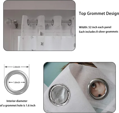 Miniatura 4 de SEEKRIGHT Twinkle Moon - Cortinas transparentes plateadas para habitación de la guardería del bebé, cortinas de encaje con ojales de estrella y luna