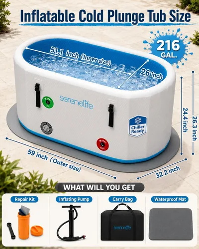 Miniatura 2 de SereneLife Bañera de inmersión fría inflable aislada – Tina de baño de hielo para una persona con tapa, cápsula de recuperación de terapia