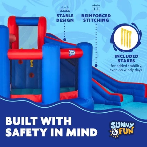 Miniatura 4 de Sunny & Fun Big Time Bounce-A-Round - Parque inflable de tobogán acuático – Resistente para diversión al aire libre – Pared de escalada, tobogán