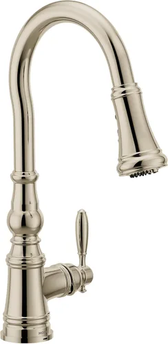 Miniatura 40 de Moen WeymouthBrushed Gold S73104BG - Grifo de cocina con resorte de preenjuague de un mango con refuerzo de potencia para una limpieza más rápida