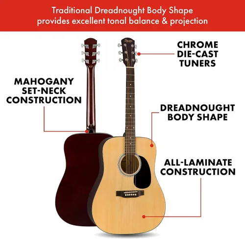 Miniatura 2 de Guitarra acústica Squier, por Fender, con garantía de 2 años, dreadnought con diapasón de arce, acabado brillante natural, parte posterior