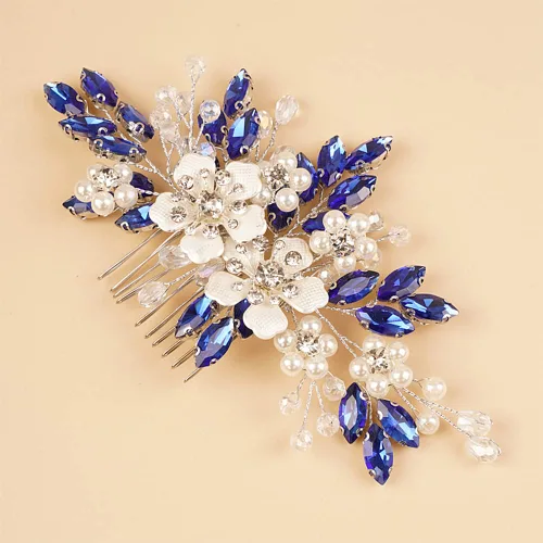 Miniatura 4 de Peine de pelo con diamantes de imitación de cristal azul plateado, perlas, lágrima, diamantes de imitación, diadema de boda para mujeres y niñas