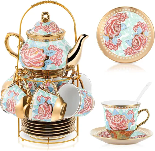 Miniatura 25 de Zhehao Juego de té de porcelana de 20 piezas con soporte de metal y cuchara para adultos, juego de té de cerámica para adultos, pintura de flores