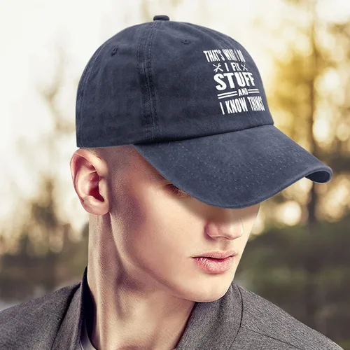 Miniatura 4 de Gorro de béisbol con texto en inglés "That's Whats I Do I Fix Stuff and I Know Things" para mujer, diseño gráfico lavado de mezclilla ajustable