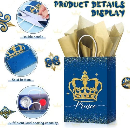 Miniatura 5 de Nezyo 16 bolsas de recuerdo de fiesta de princesa príncipe con asas y papel de seda, bolsas de regalo para cumpleaños, baby shower, regalos