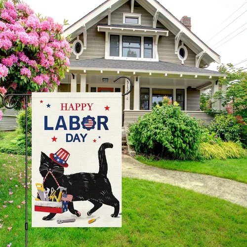 Miniatura 3 de Louise Maelys Bandera de jardín con texto en inglés «Happy Labor Day» de doble cara vertical, arpillera con gato negro pequeño, jardín, patio, casa