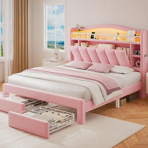 Miniatura 10 de Base de cama LED individual con cabecera de almacenamiento y 2 cajones de almacenamiento, cama tapizada de terciopelo princesa con diseño de Rosa