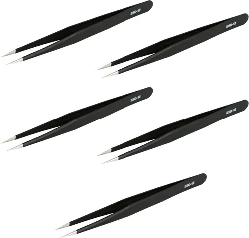 Miniatura 9 de Aoje-Link ESD-10 - Pinzas profesionales con tecnología de precisión antiestática, punta recta no magnética, revestimiento de plástico de acero