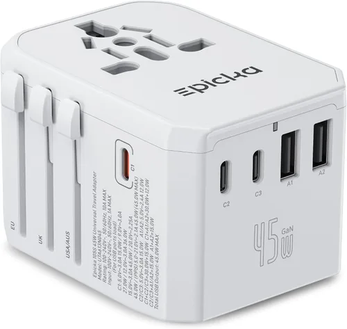Miniatura 9 de EPICKA Adaptador de viaje universal GaN 45W, adaptador de enchufe de viaje europeo con carga rápida PD&QC (2 puertos USB-A y 3 puertos USB-C)