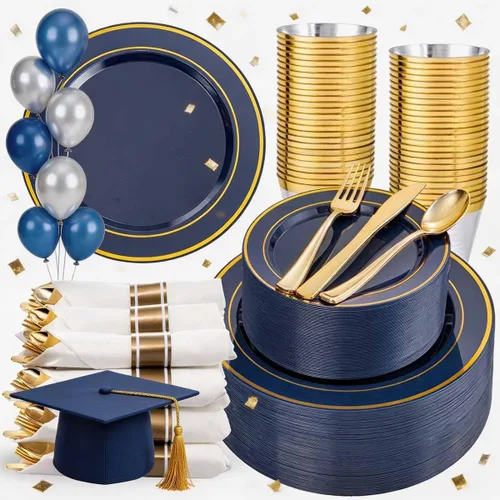 Miniatura 19 de 350 piezas de platos de plástico negro y dorado con cubiertos desechables, incluye 50 platos de cena de 9 pulgadas, 50 platos de postre de 6.3