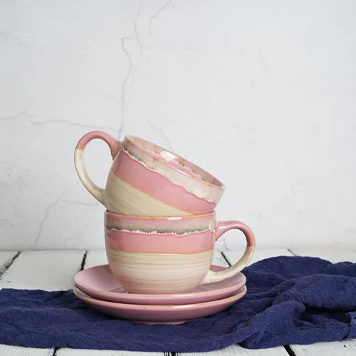 Miniatura 6 de Bosmarlin Juego de 2 tazas y platillo de cerámica para capuchino, 10 onzas, tazas de café para café con leche, expreso, té, lavavajillas y Rosa